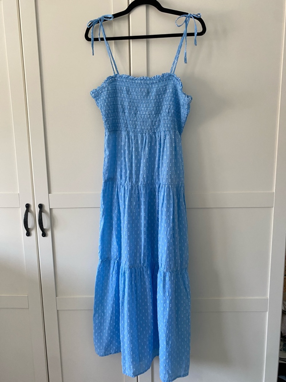 NWT Joe Fresh Light Blue Smocked Tiered Tie-Shoulder Swiss Dot Maxi Dress Size S - Picture 4 of 14
